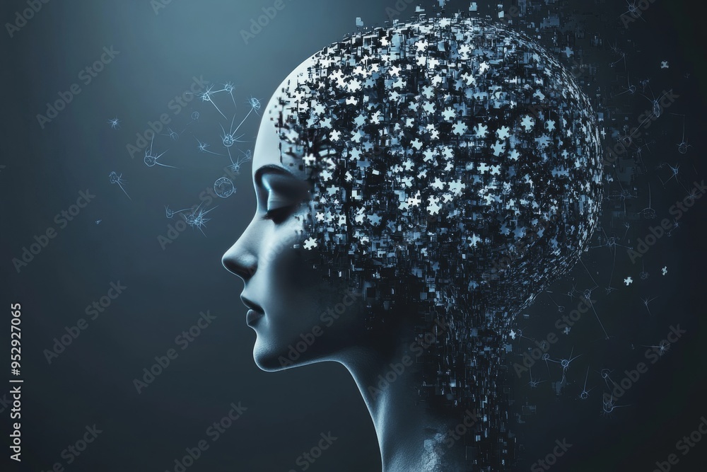 Profile of a woman with digital brain visuals symbolizing the merging of technology and human thought in the digital age Profile of a woman with digital brain visuals symbolizing the merging of technology and human thought in the digital age