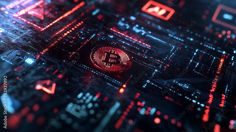 Bitcoin Coin on a Futuristic Digital Circuit Board Bitcoin Coin on a Futuristic Digital Circuit Board
