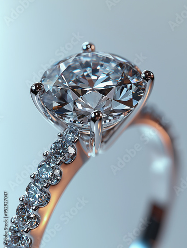 Brilliant diamond engagement ring on a sleek silver band in soft lighting

 photo