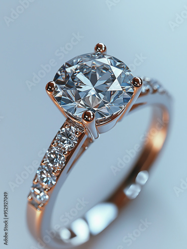 Brilliant diamond engagement ring on a sleek silver band in soft lighting

 photo