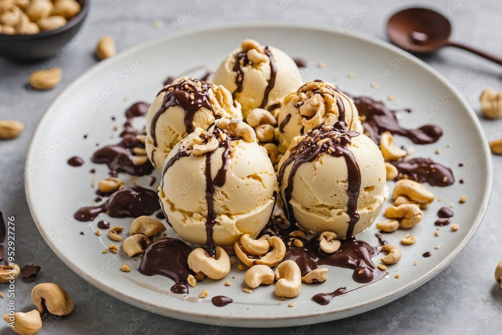 Cashew Ice Cream: Multiple scoops of cashew ice cream placed on a plain white plate, with a sprinkle of chopped cashews and a drizzle of chocolate syrup. Cashew Ice Cream: Multiple scoops of cashew ice cream placed on a plain white plate, with a sprinkle of chopped cashews and a drizzle of chocolate syrup.