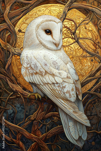 Elegant barn owl perched in front of intricate golden branches and glowing moon
 photo