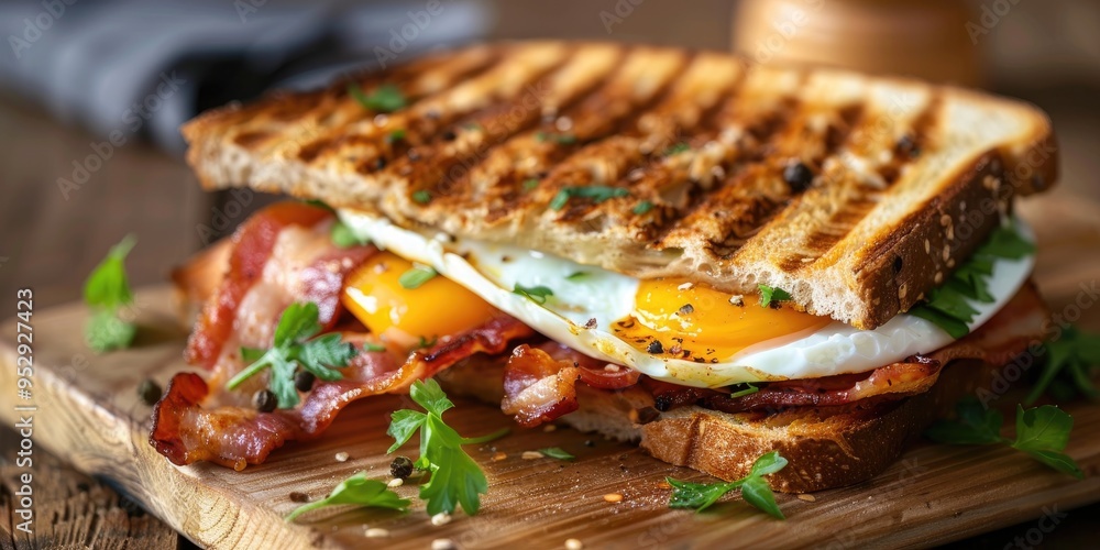 Fresh and nutritious toasted sandwich with egg bacon and vegetables Traditional British breakfast Fresh and nutritious toasted sandwich with egg bacon and vegetables Traditional British breakfast
