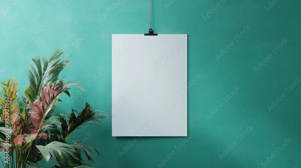 Blank Poster Hanging on a Teal Wall with Green Plants Blank Poster Hanging on a Teal Wall with Green Plants