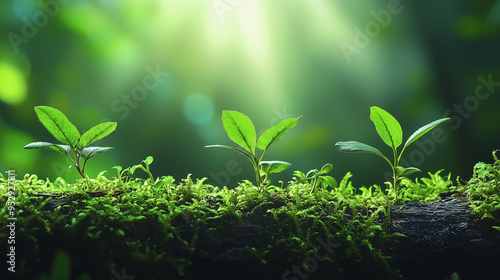 Sunlight shining on a vibrant green plant sprouting in a lush forest environment
 photo