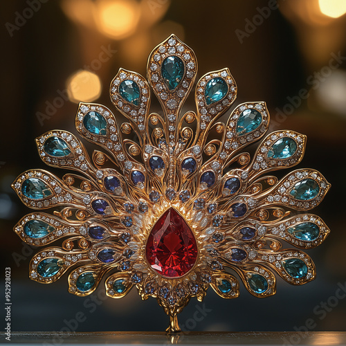 Luxurious golden brooch adorned with blue gemstones and a central red gem

 photo