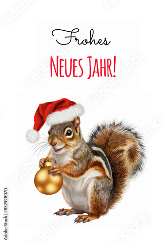 Merry Christmas Squirrel Holding Ornament, Cute Squirrel Santa Hat, Frohes Neues Jahr Greeting means Happy New Year in German