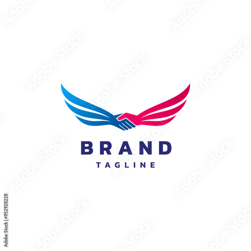 Two Colored Winged Hands Shaking Hands Logo Design. Simple Colorful Freedom Deal Logo Design.