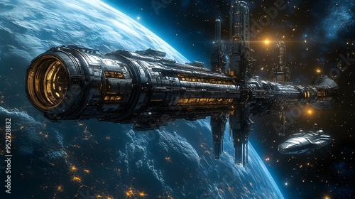 Fototapeta Naklejka Na Ścianę i Meble -  Futuristic space station orbiting distant planet with sleek spacecraft docking nearby metallic finishes cool tones highly detailed 3D rendering