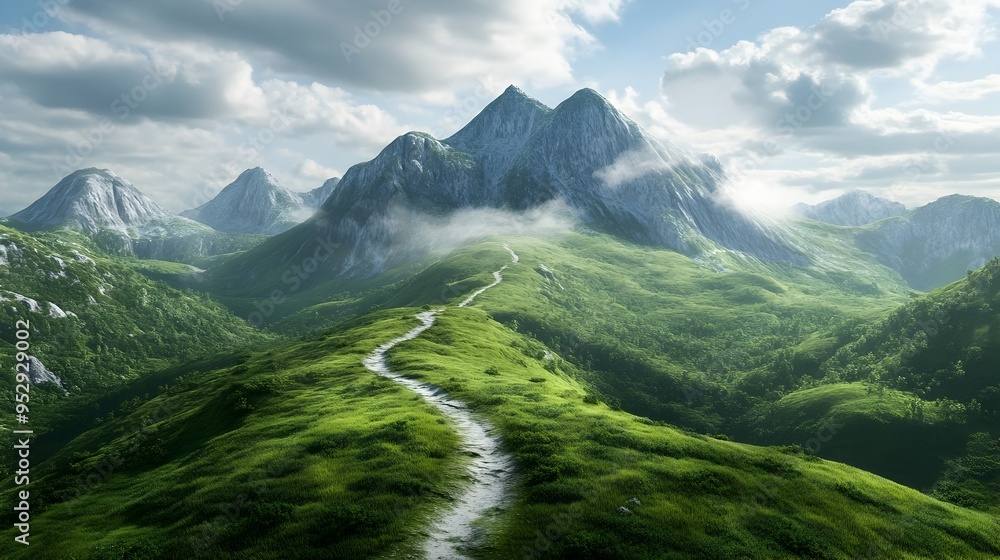 Fototapeta premium Majestic Mountain Landscape with Winding Trail Through Lush Green Meadows and Fog