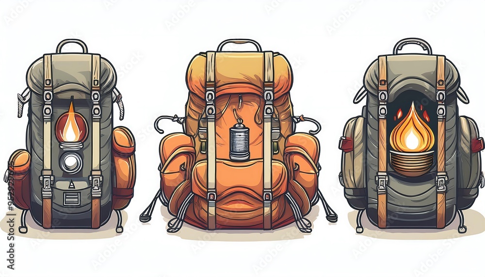 Hiking Backpack Collection - set of minimalistic flat art designs. Camping Adventure Graphic art illustration elements Hiking Backpack Collection - set of minimalistic flat art designs. Camping Adventure Graphic art illustration elements