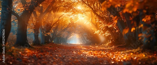 Golden autumn leaves create a tunnel of light in a forest path.