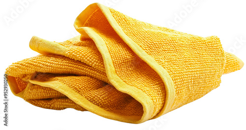 Yellow rag cloth isolated on transparent background. Textile dirty dusty surface clean wipe material, microfiber cotton texture object, housework home kitchen cleaner equipment, hygiene, polish photo