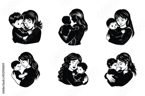 mother and child silhouette in vector style