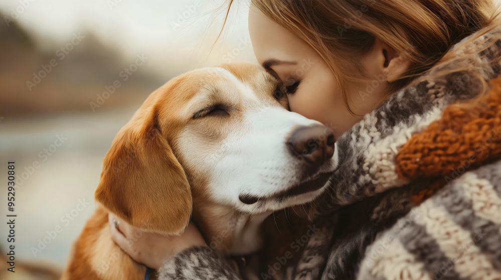Woman and dog hugging. Young female owner and domestic pet animal love and friendship relationship, together with companion outside or outdoors, embrace cuddle Woman and dog hugging. Young female owner and domestic pet animal love and friendship relationship, together with companion outside or outdoors, embrace cuddle