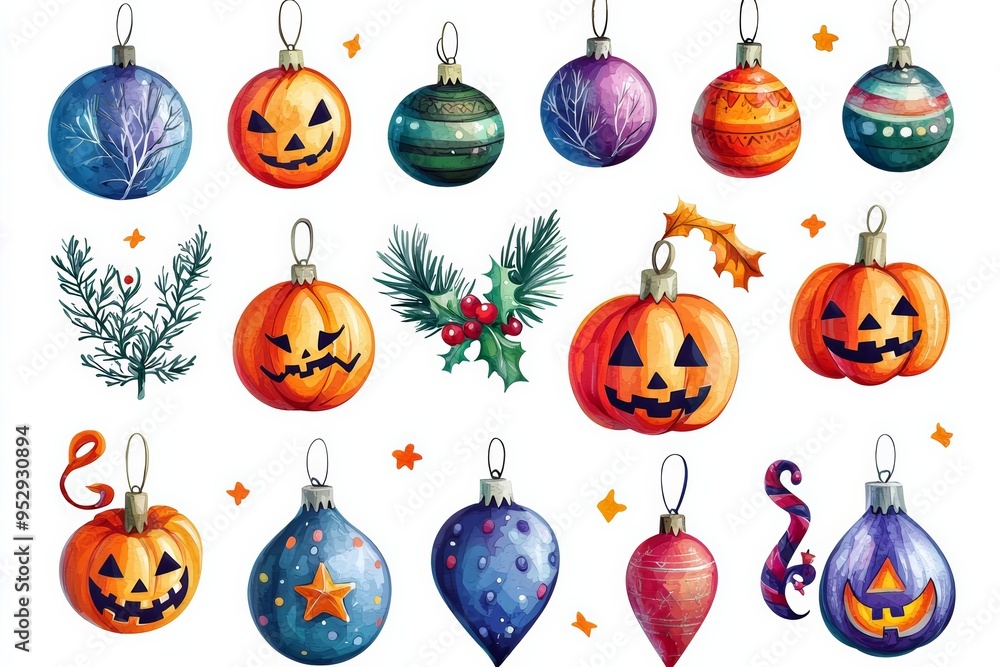 Isolated cute cartoon-style Christmas ornaments with Halloween motifs and glowing lights, showcasing a fun and vibrant look Isolated cute cartoon-style Christmas ornaments with Halloween motifs and glowing lights, showcasing a fun and vibrant look