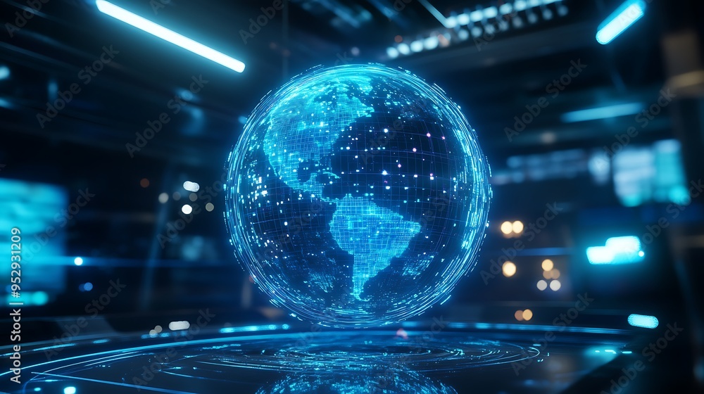 Holographic Earth Globe with Glowing Lines and Data Points Holographic Earth Globe with Glowing Lines and Data Points