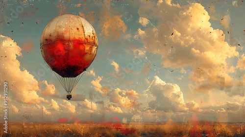 A red and white hot air balloon floats in the sky above a field, with clouds and birds.