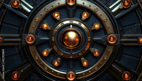 Circular Metallic Panel with Gold Accents and Orange Lights