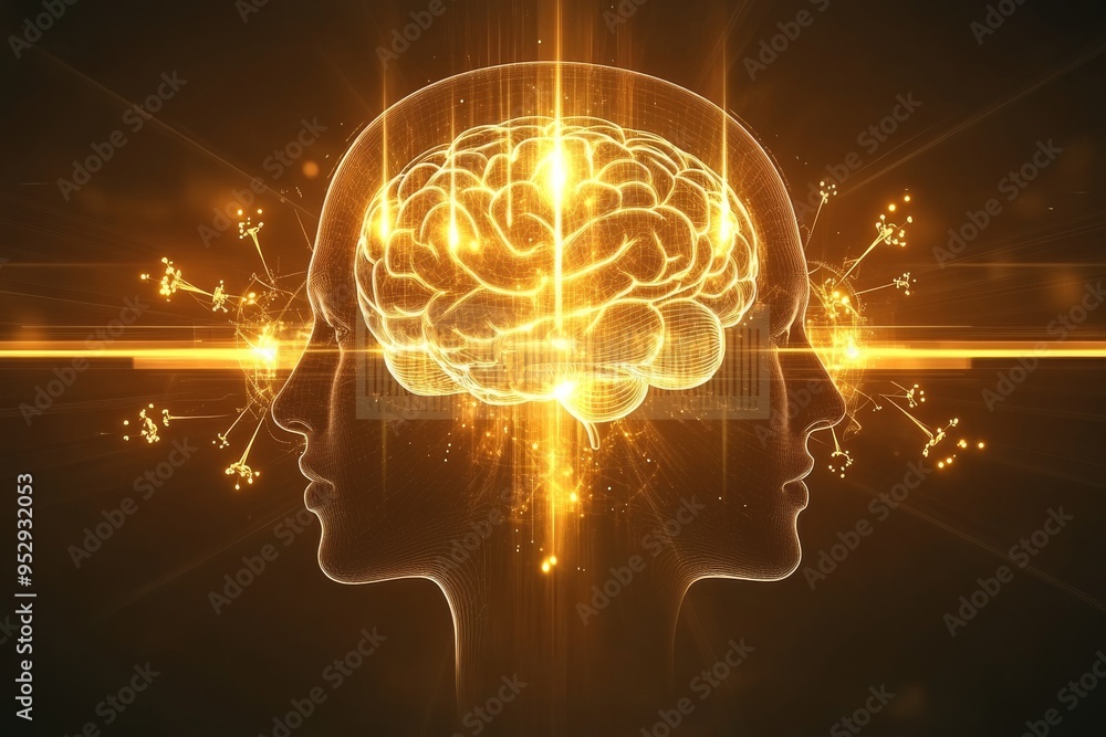 Futuristic rendering of two human heads with a central glowing brain symbolizing the intersection of minds collaborative thinking and the future of human intelligence in a digital world Futuristic rendering of two human heads with a central glowing brain symbolizing the intersection of minds collaborative thinking and the future of human intelligence in a digital world