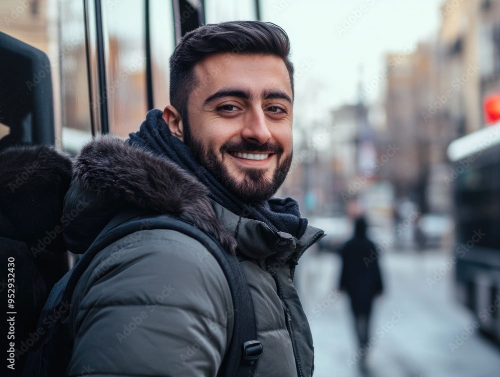 Smiling Young Man with Backpack Waiting at Bus Stop Smiling Young Man with Backpack Waiting at Bus Stop