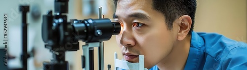 Optometrist examining patient's eyes with specialized equipment for vision health assessment in a clinical setting. photo