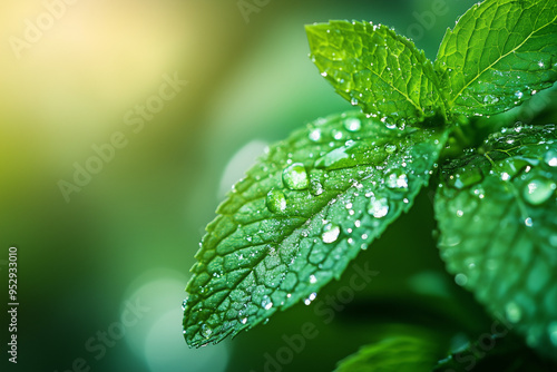 Refreshing Detail: Dewdrops Sprinkled on a Fresh Mint Leaf