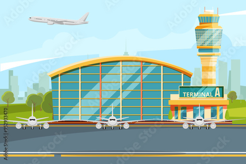 Airport illustration. Terminal building and flying planes landscape