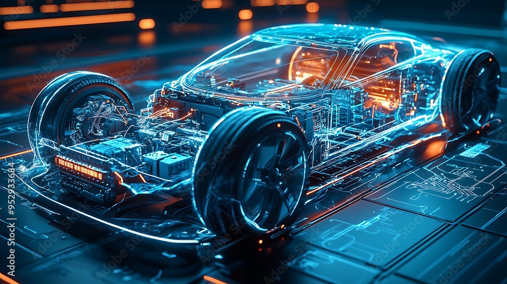 A futuristic 3D rendering of a transparent electric vehicle concept. A futuristic 3D rendering of a transparent electric vehicle concept.