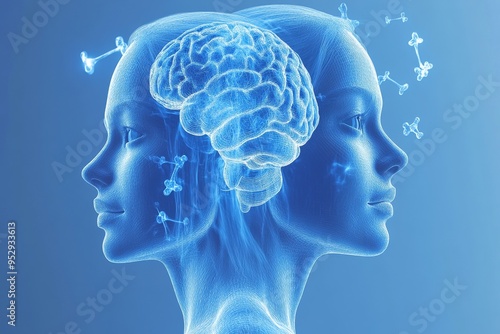 Dual human figures with translucent blue heads showing detailed brain structures representing the concept of cognitive harmony and synchronized thoughts in a futuristic setting