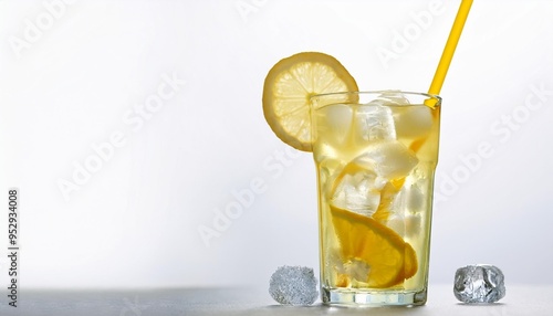 a tall glass of a refreshing lemon drink with ice cubes and a yellow straw