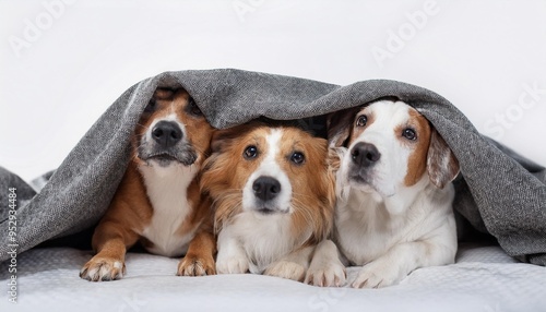 three dogs under blanket showing noses