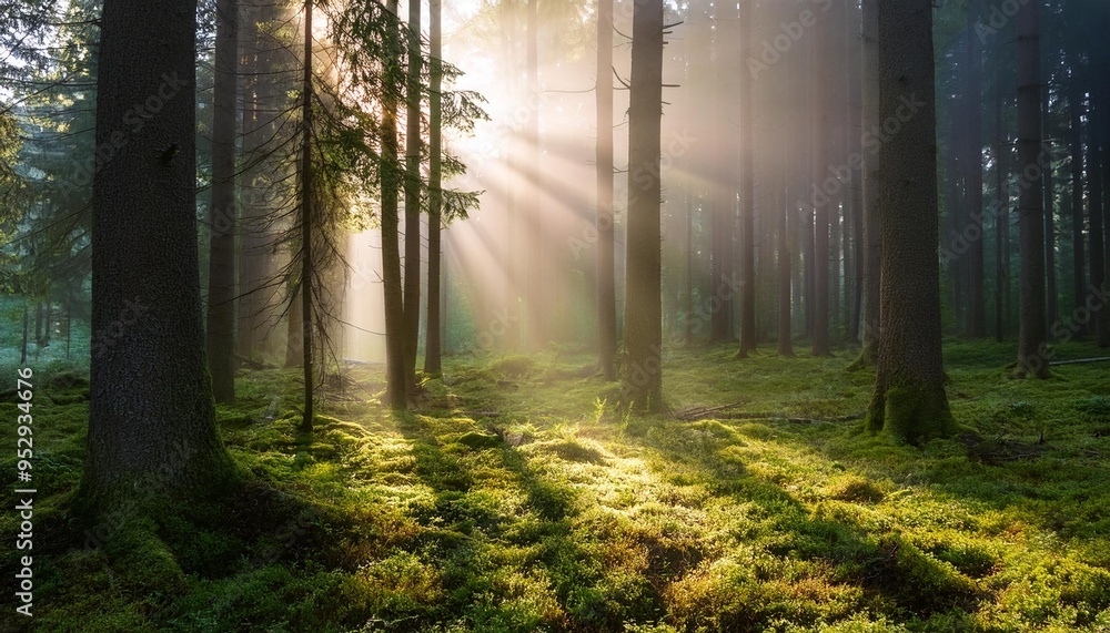 Fototapeta premium spruce tree forest sunbeams through fog illuminating moss covered forest floor creating a mystic atmosphere