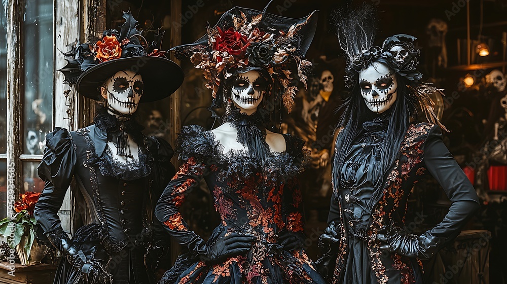 Three women in elegant black dresses adorned with skull makeup for Halloween. Three women in elegant black dresses adorned with skull makeup for Halloween.