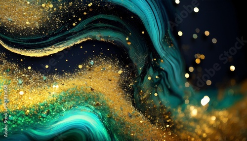 ink drip glitter liquid spill blur black green blue golden color shiny glowing particles texture paint wave abstract art background generative ai