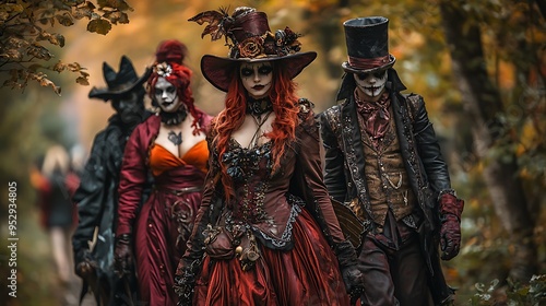 A steampunk group in Halloween costumes set against an autumn forest backdrop.