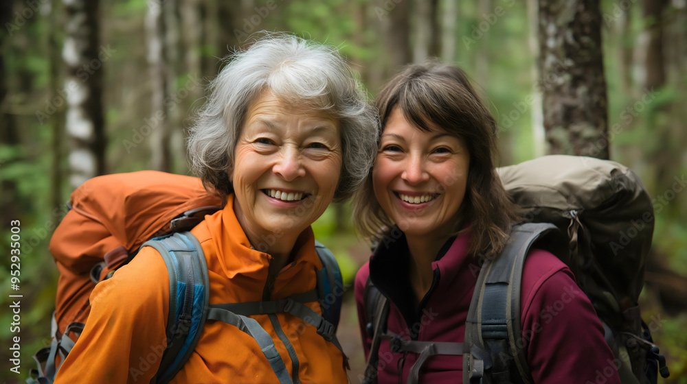 Happy smiling mother and daughter hiking together, old senior and middle aged woman in forest mountain nature. Wearing backpack, active family summer adventure, outdoor, trekking, retirement Happy smiling mother and daughter hiking together, old senior and middle aged woman in forest mountain nature. Wearing backpack, active family summer adventure, outdoor, trekking, retirement