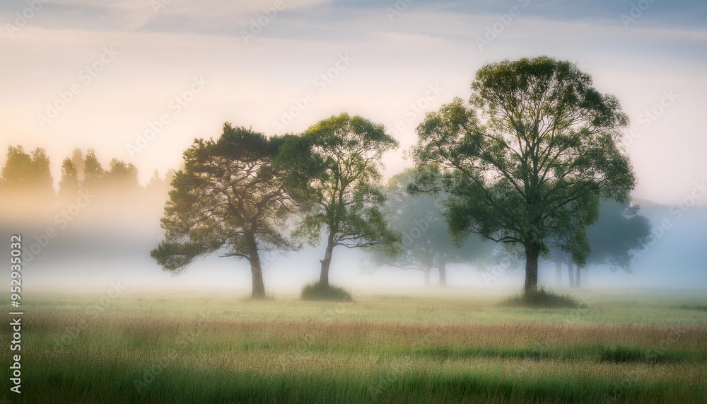 a serene landscape painting featuring a group of trees in a foggy field a serene landscape painting featuring a group of trees in a foggy field