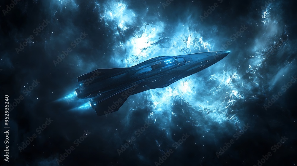 A futuristic spaceship flying through a nebula A futuristic spaceship flying through a nebula