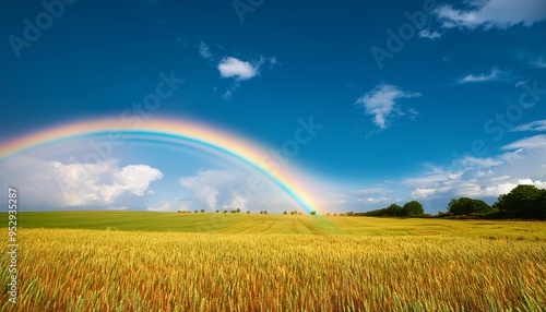 photo of a rainbow over a field with copy space on the right