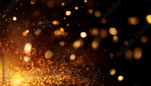 blurred gold dust particles and sparks of fire in front of black background