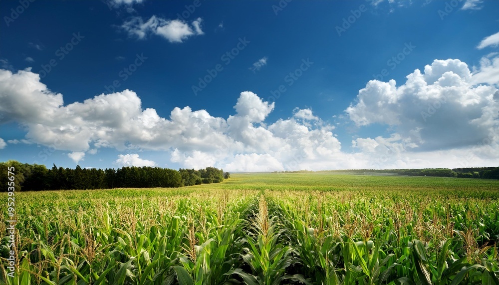 large corn fields under blue sky and white clouds large corn fields under blue sky and white clouds