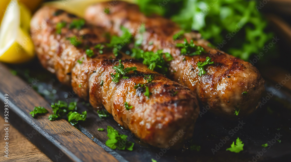 Closeup of Balkan cevapi meat food meal. Grilled Serbian beef on barbecue, traditional roasted cevapcici kebab dish, delicious Bosnian or Croatian bbq lunch or dinner in restaurant, oriental, fresh Closeup of Balkan cevapi meat food meal. Grilled Serbian beef on barbecue, traditional roasted cevapcici kebab dish, delicious Bosnian or Croatian bbq lunch or dinner in restaurant, oriental, fresh