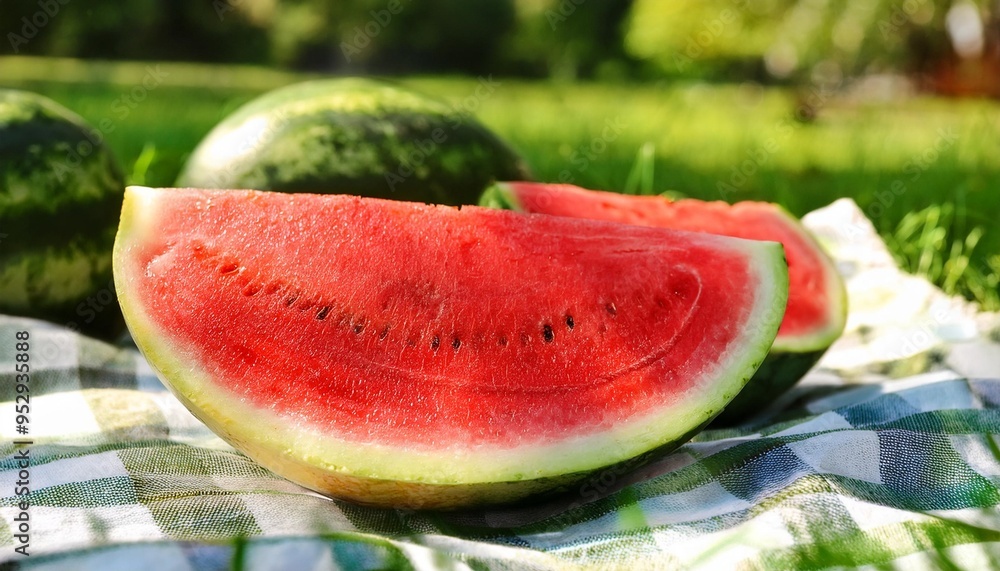 close up of fresh ripe watermelon on picnic blanket outdoors blurry sunny summer background close up of fresh ripe watermelon on picnic blanket outdoors blurry sunny summer background