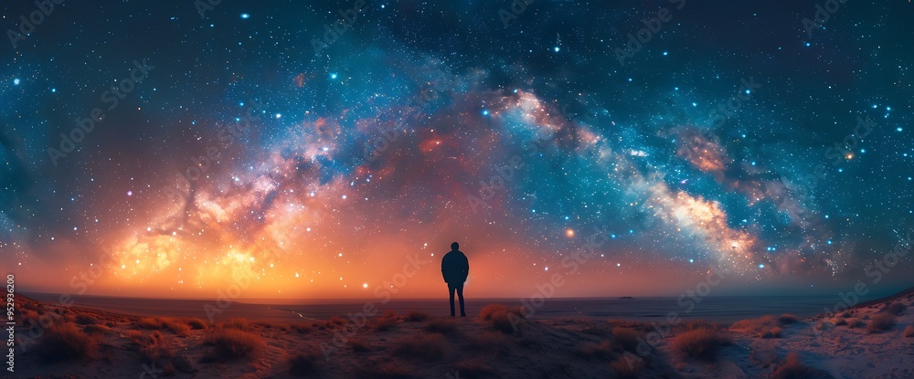 A lone figure stands silhouetted against a breathtaking night sky, illuminated by a vibrant Milky Way galaxy. A lone figure stands silhouetted against a breathtaking night sky, illuminated by a vibrant Milky Way galaxy.