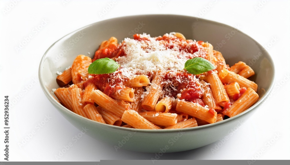 bowl of freshly made pasta with rich tomato sauce and parmesan cheese on a white background bowl of freshly made pasta with rich tomato sauce and parmesan cheese on a white background