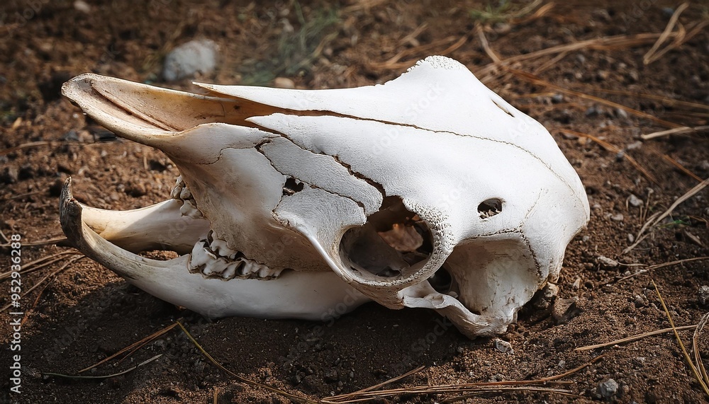 an old faded animal skull lying on the ground the lower jaw is missing an old faded animal skull lying on the ground the lower jaw is missing