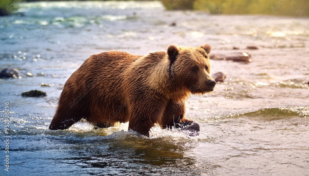 large grizzly bear walking in river looking for salmon large grizzly bear walking in river looking for salmon