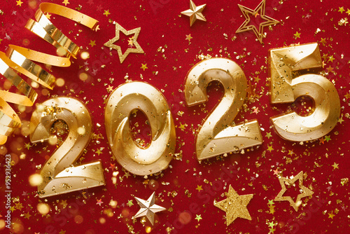 Happy New year 2025 gold numbers on red background.