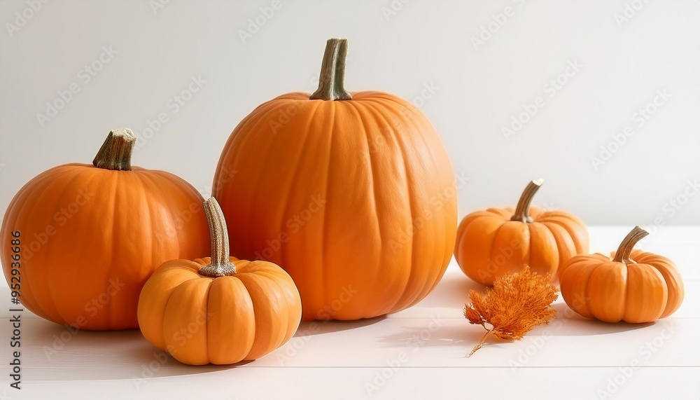 autumn composition of orange pumpkins on white table background autumn composition of orange pumpkins on white table background